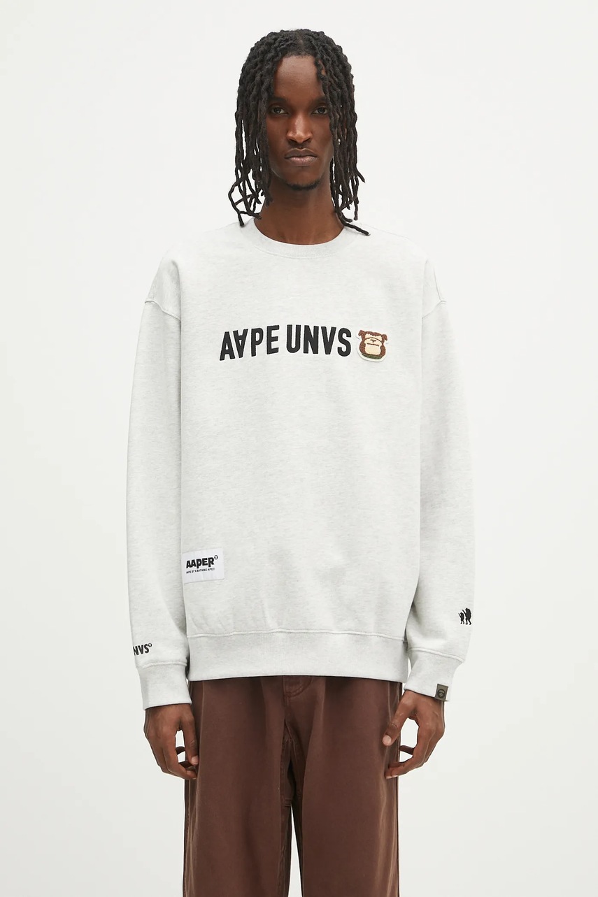 Mikina AAPE Aaper Crew Neck pánská, šedá barva, melanžová, AAPSWMB379XAN