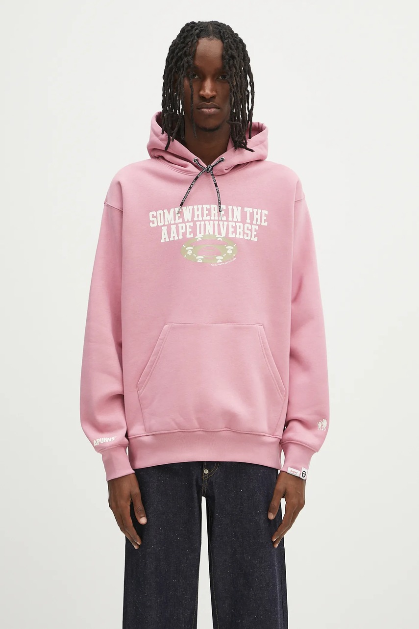 Mikina AAPE Basic pánská, růžová barva, s kapucí, s potiskem, AAPSWMB342XXN