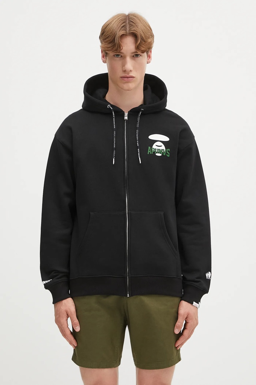 Mikina AAPE Basic Zip Up pánská, černá barva, s kapucí, s potiskem, AAPSWMB343XXN