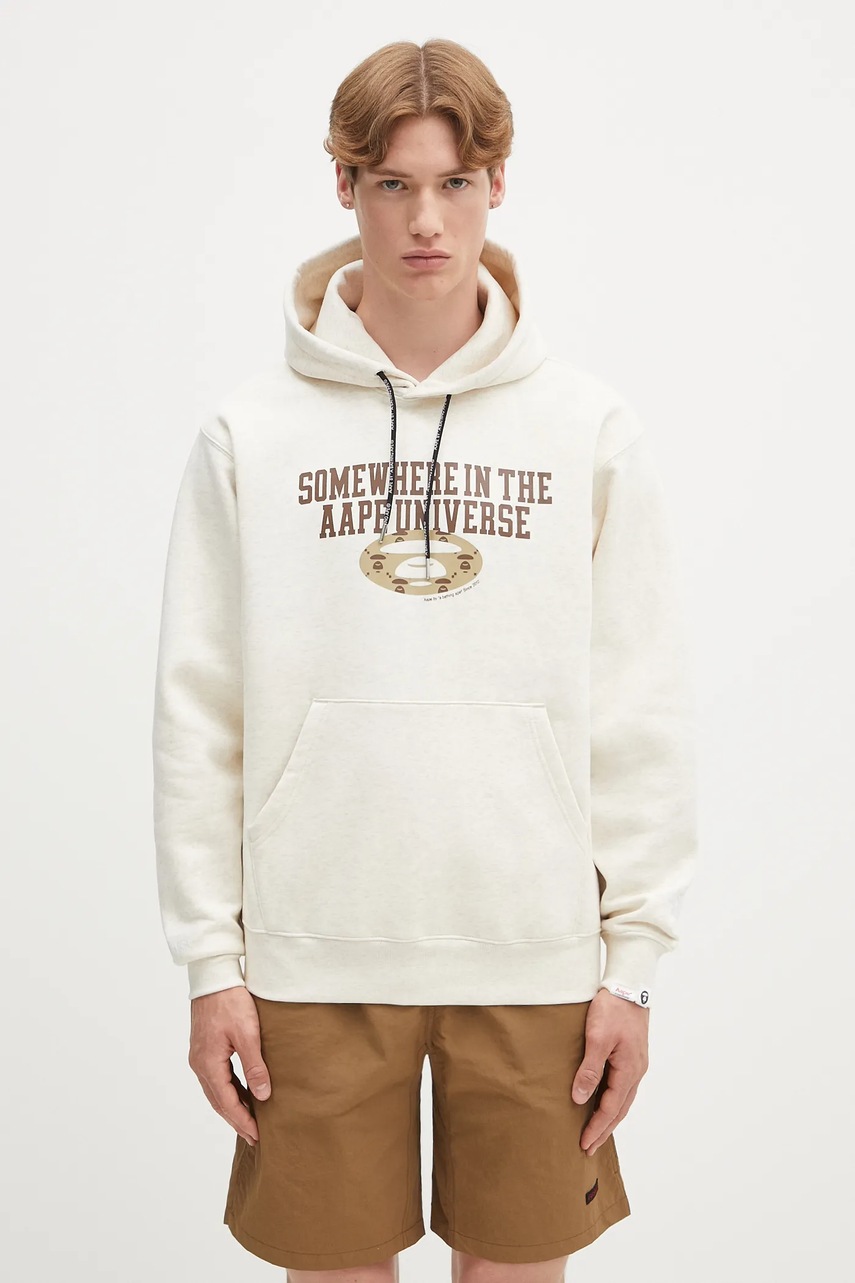 Mikina AAPE Basic pánská, béžová barva, s kapucí, s potiskem, AAPSWMB342XAN