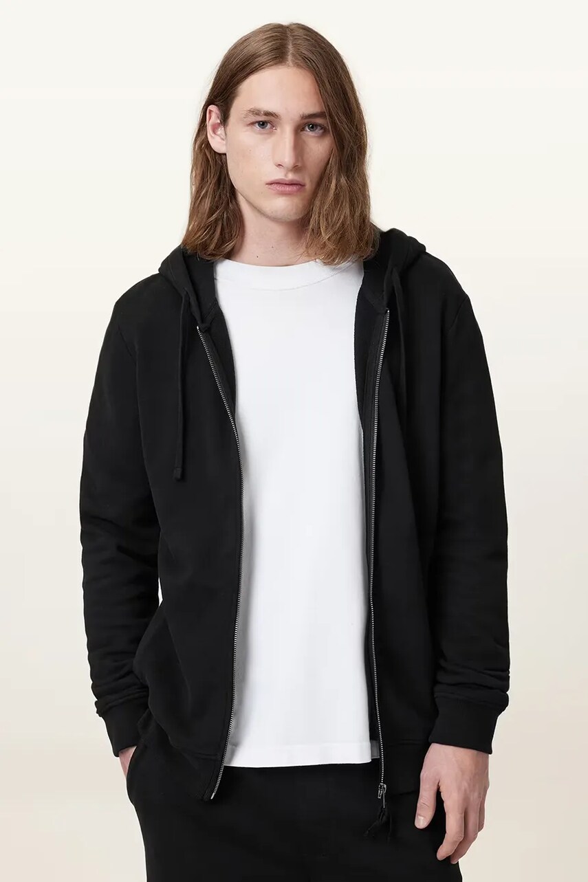 AllSaints hanorac de bumbac RAVEN culoarea negru, cu gluga, neted, M028NA
