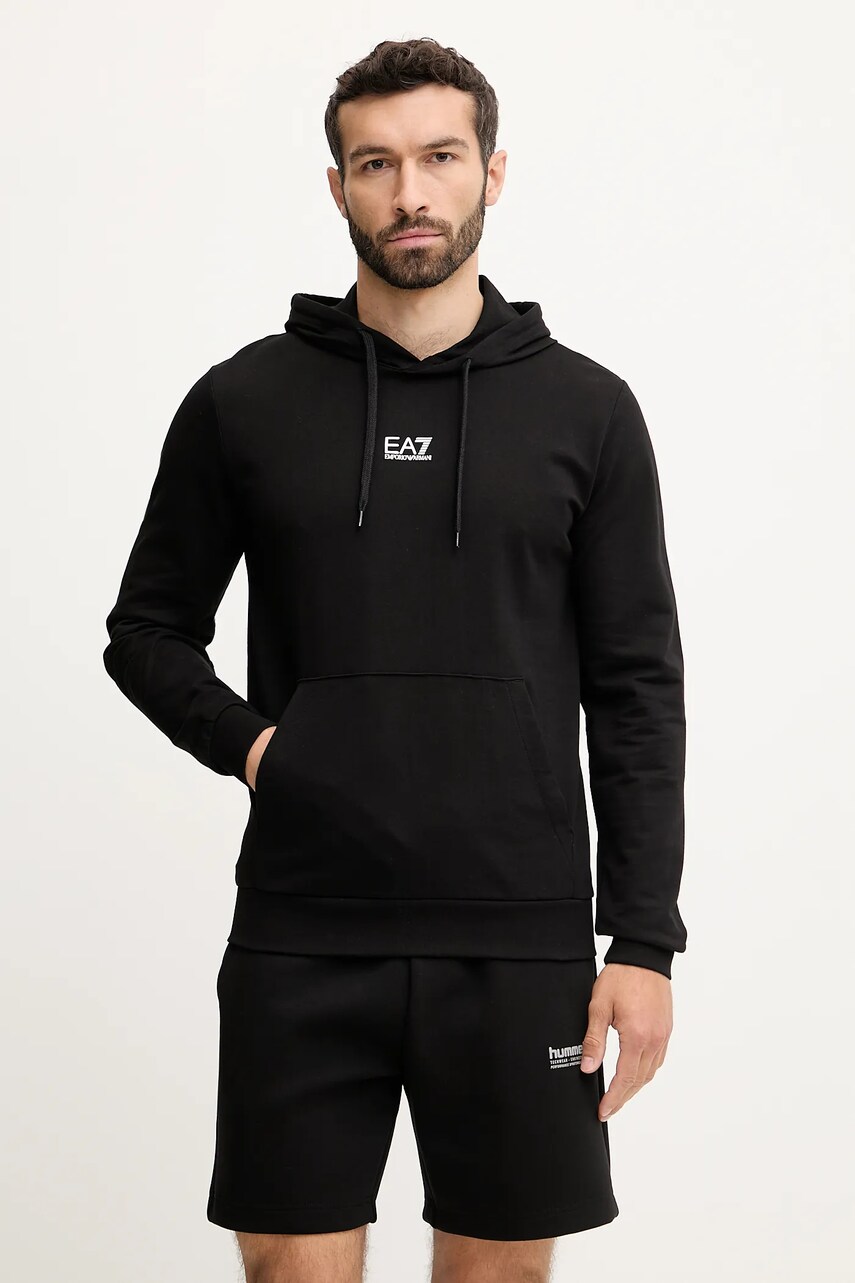 EA7 Emporio Armani hanorac de bumbac culoarea negru, cu gluga, cu imprimeu, 8NPM32.PJVRZ