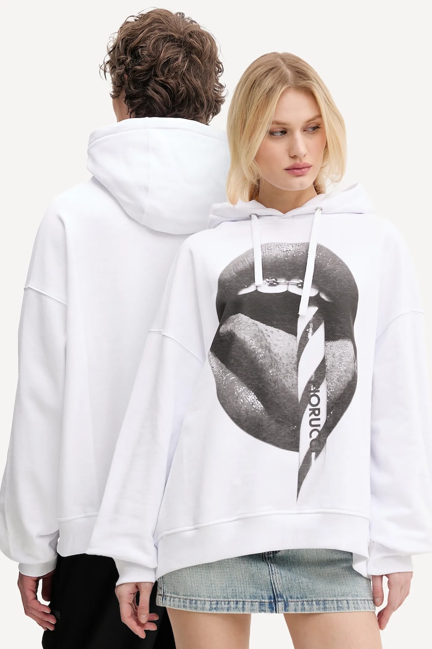 Fiorucci hanorac de bumbac Mouth Print Relaxed Fit Hoodie culoarea alb, cu glugă, cu imprimeu, U02SPSHO092CJ05WH05 Fiorucci hanorac de bumbac Mouth Print Relaxed Fit Hoodie culoarea alb, cu glugă, cu imprimeu, U02SPSHO092CJ05WH05