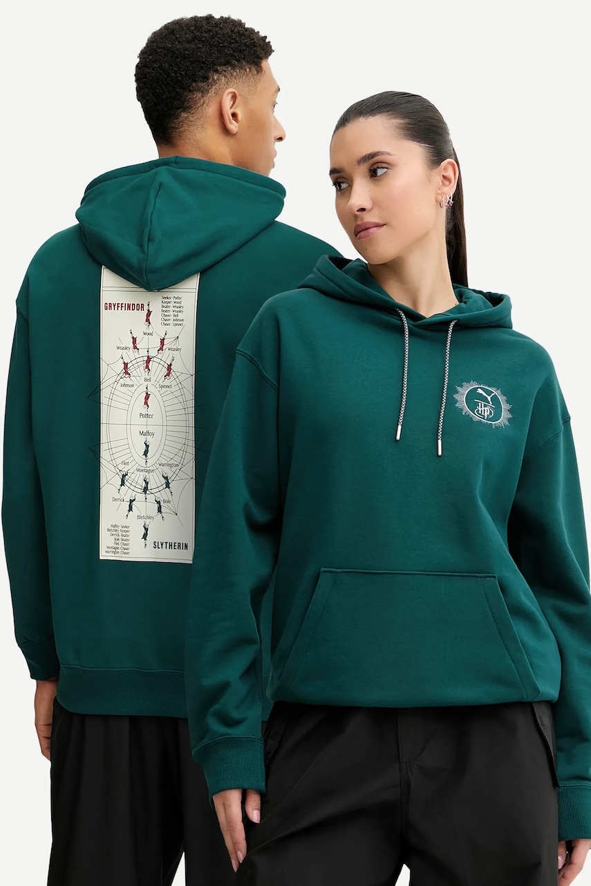 Puma hanorac de bumbac PUMA x HARRY POTTER culoarea verde, cu glugă, cu imprimeu, 630093 Puma hanorac de bumbac PUMA x HARRY POTTER culoarea verde, cu glugă, cu imprimeu, 630093