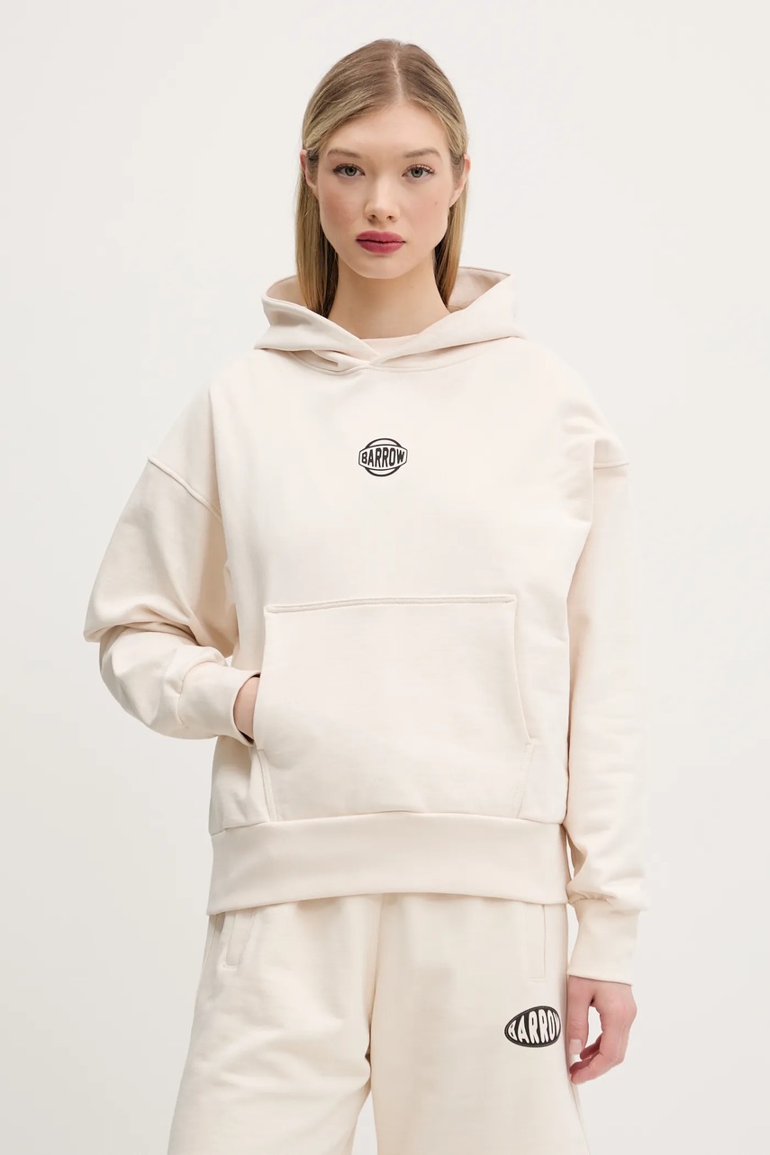 Βαμβακερή μπλούζα Barrow χρώμα: μπεζ, με κουκούλα, S5BWUAHS158 φωτογραφία