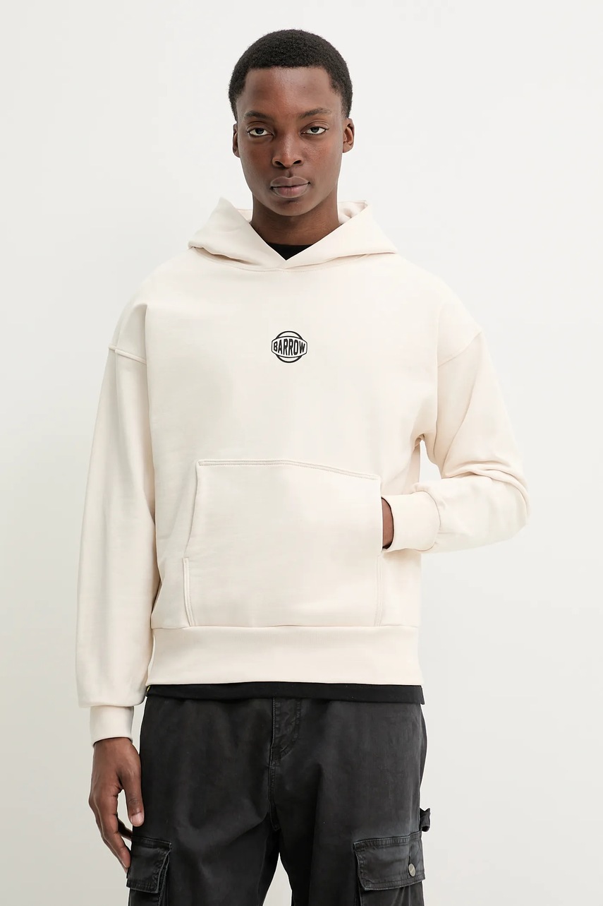Βαμβακερή μπλούζα Barrow χρώμα: μπεζ, με κουκούλα, S5BWUAHS158 φωτογραφία