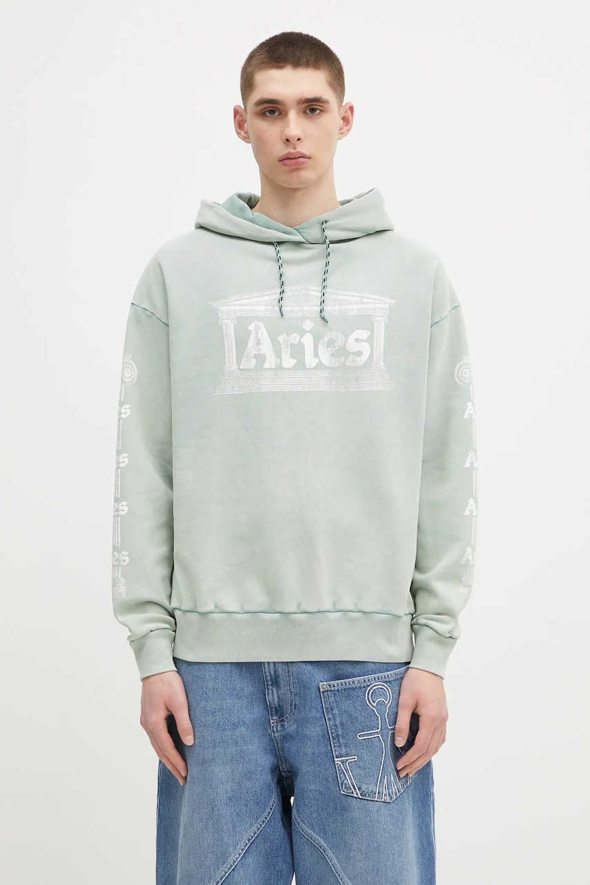 Bavlněná mikina Aries Aged Ancient Column Hoodie tyrkysová barva, s kapucí, s potiskem, AR2003503