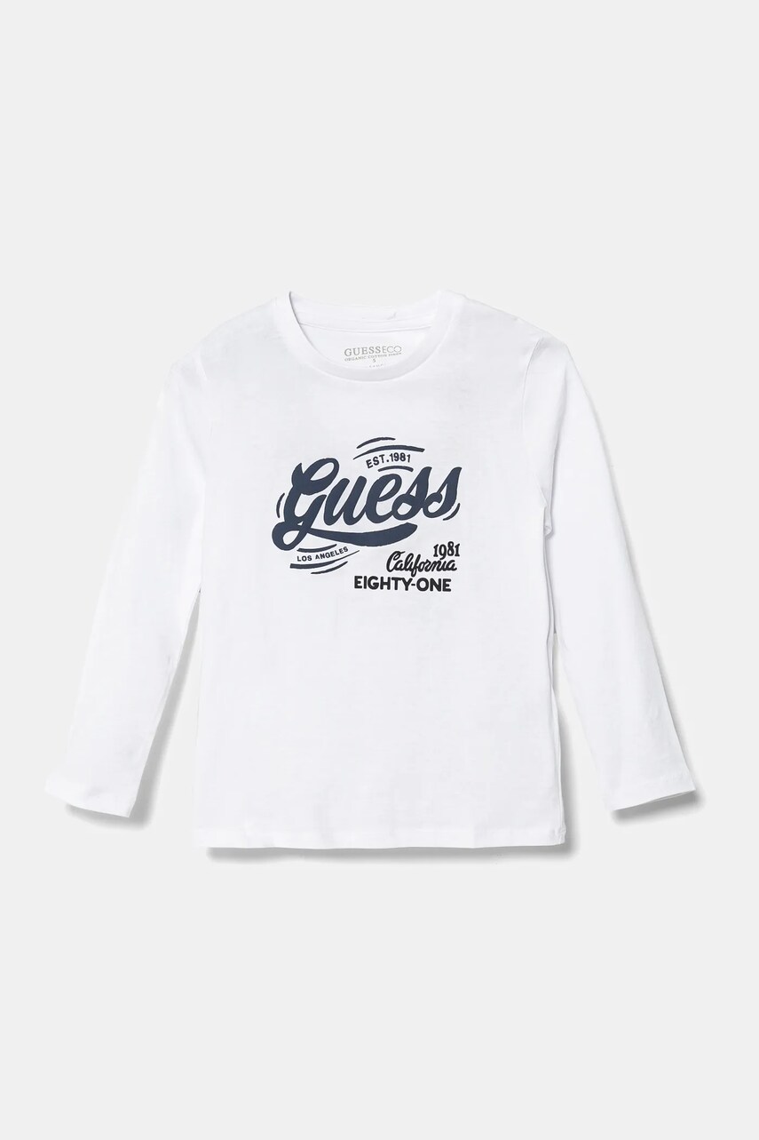 Levně Dětské bavlněné tričko s dlouhým rukávem Guess bílá barva, s potiskem, N5RI17 K8HM4