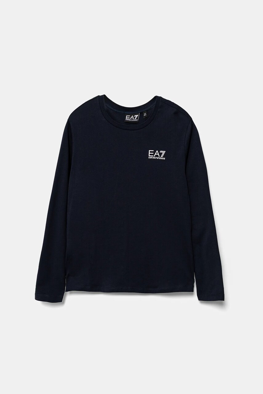 Levně Dětské bavlněné tričko s dlouhým rukávem EA7 Emporio Armani tmavomodrá barva, s potiskem, 7B000021 AF10378