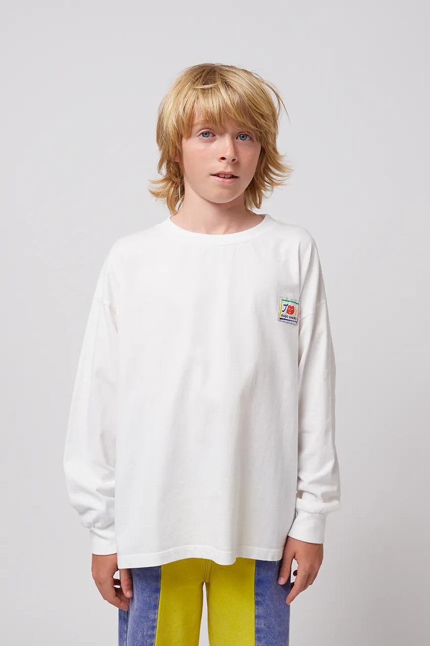 Bobo Choses longsleeve din bumbac pentru copii Hello Joy culoarea alb, cu imprimeu, 125AC001 Bobo Choses longsleeve din bumbac pentru copii Hello Joy culoarea alb, cu imprimeu, 125AC001