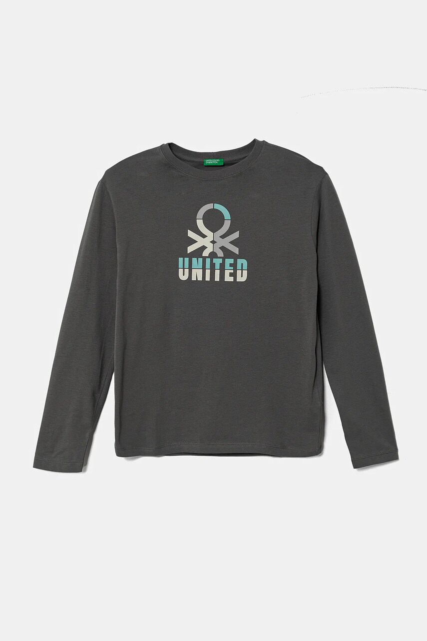 Levně Dětské bavlněné tričko s dlouhým rukávem United Colors of Benetton šedá barva, s potiskem, 3I1XC10N5