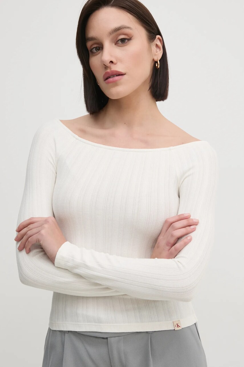 Levně Tričko s dlouhým rukávem Calvin Klein Jeans béžová barva, J20J224992