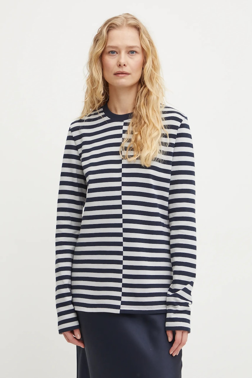 Samsoe Samsoe longsleeve din bumbac SAAVERY culoarea albastru marin, F24400020