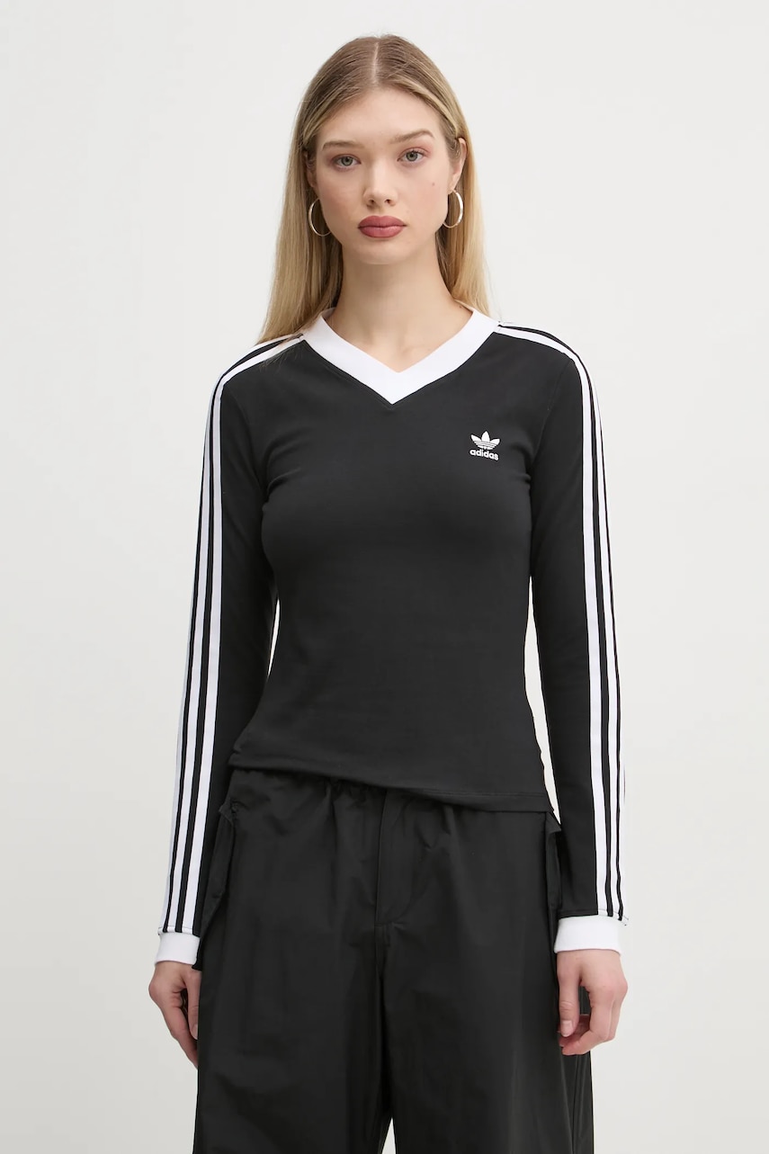 adidas Originals longsleeve V-NECK LS femei, culoarea negru, IY7247 adidas Originals longsleeve V-NECK LS femei, culoarea negru, IY7247