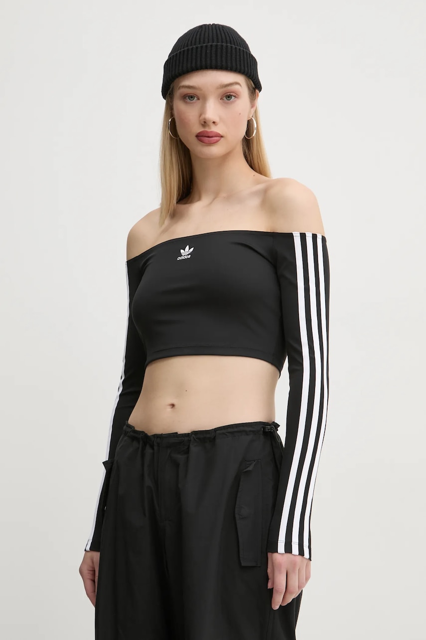 adidas Originals longsleeve Off Shoulder femei, culoarea negru, decolteu spaniol, JD0274 adidas Originals longsleeve Off Shoulder femei, culoarea negru, decolteu spaniol, JD0274