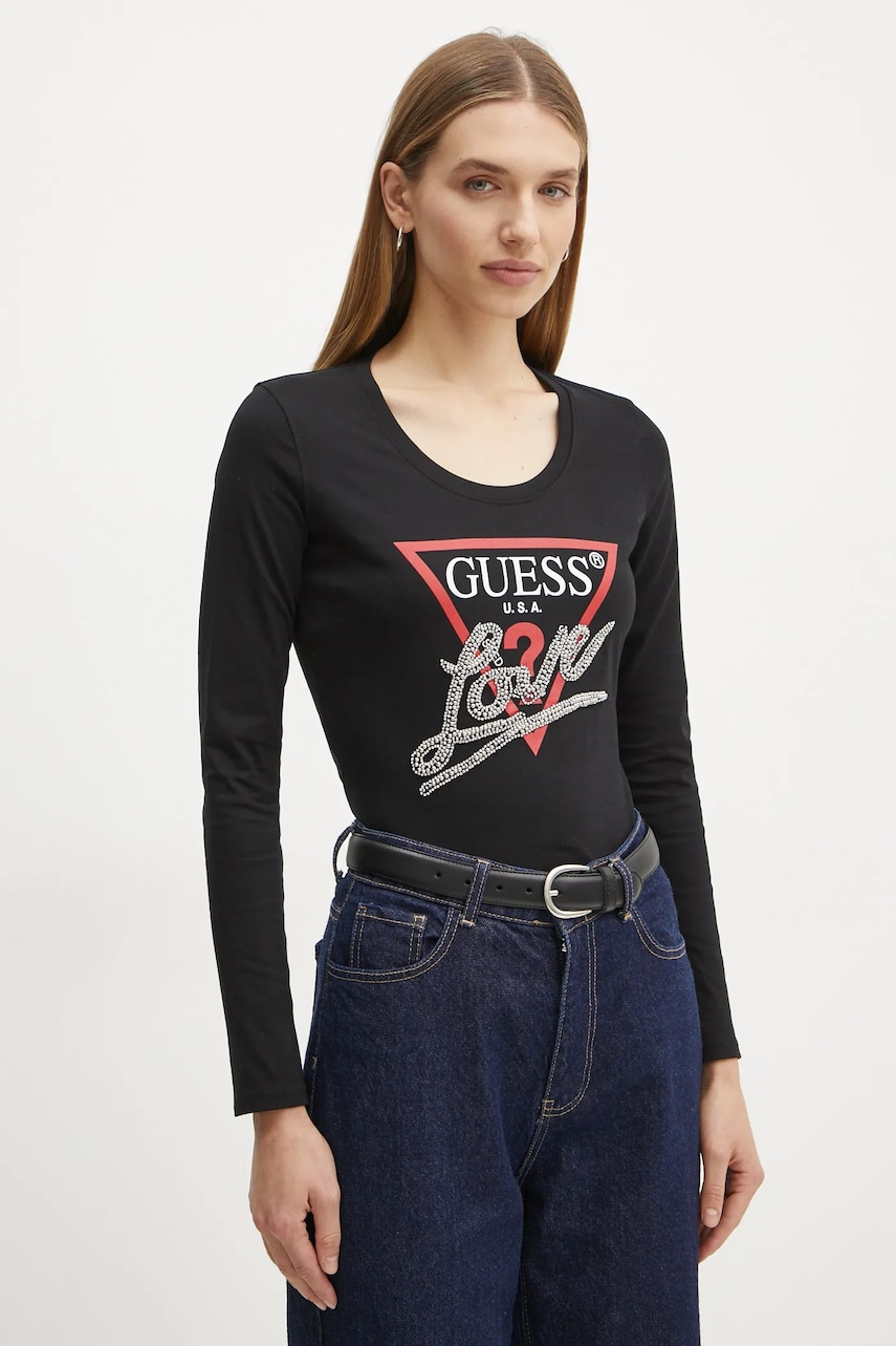 Levně Tričko s dlouhým rukávem Guess černá barva, W5RI64 I3Z14