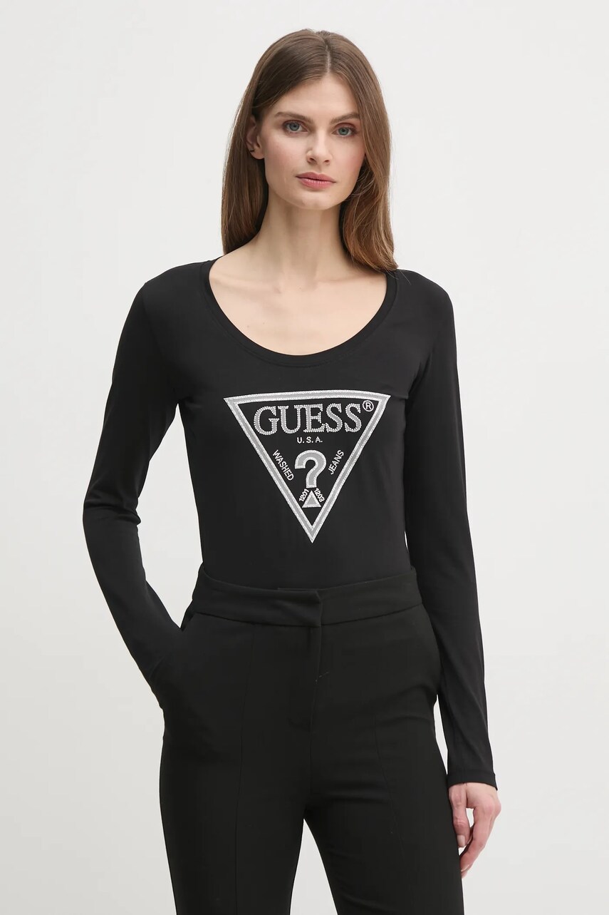 Levně Tričko s dlouhým rukávem Guess černá barva, W5RI65 J1314