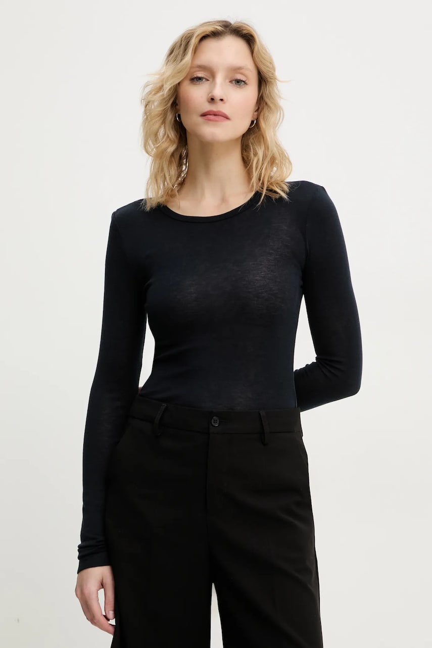 Samsoe Samsoe longsleeve din amestec de lana SADOU culoarea albastru marin, F10000014