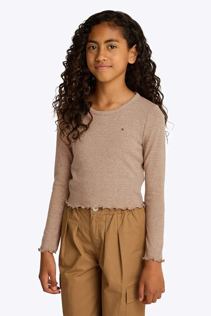 Levně Dětské tričko s dlouhým rukávem Tommy Hilfiger hnědá barva, KG0KG08299
