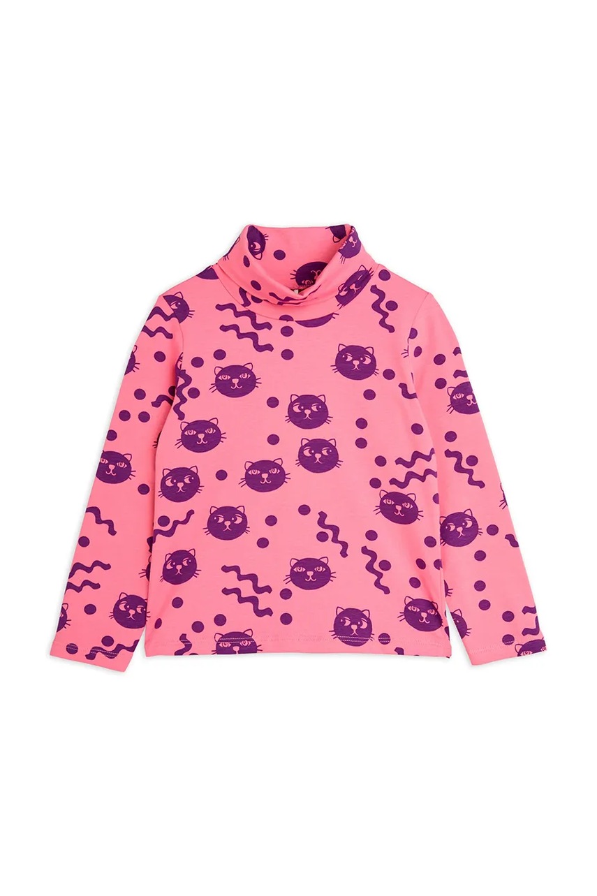 Хлопковый детский лонгслив Mini Rodini Squiggly cats цвет розовый с полугольфом 2512012028