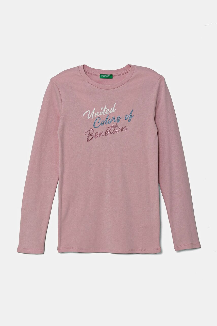 Levně Dětské bavlněné tričko s dlouhým rukávem United Colors of Benetton růžová barva, 3I9WC10MY
