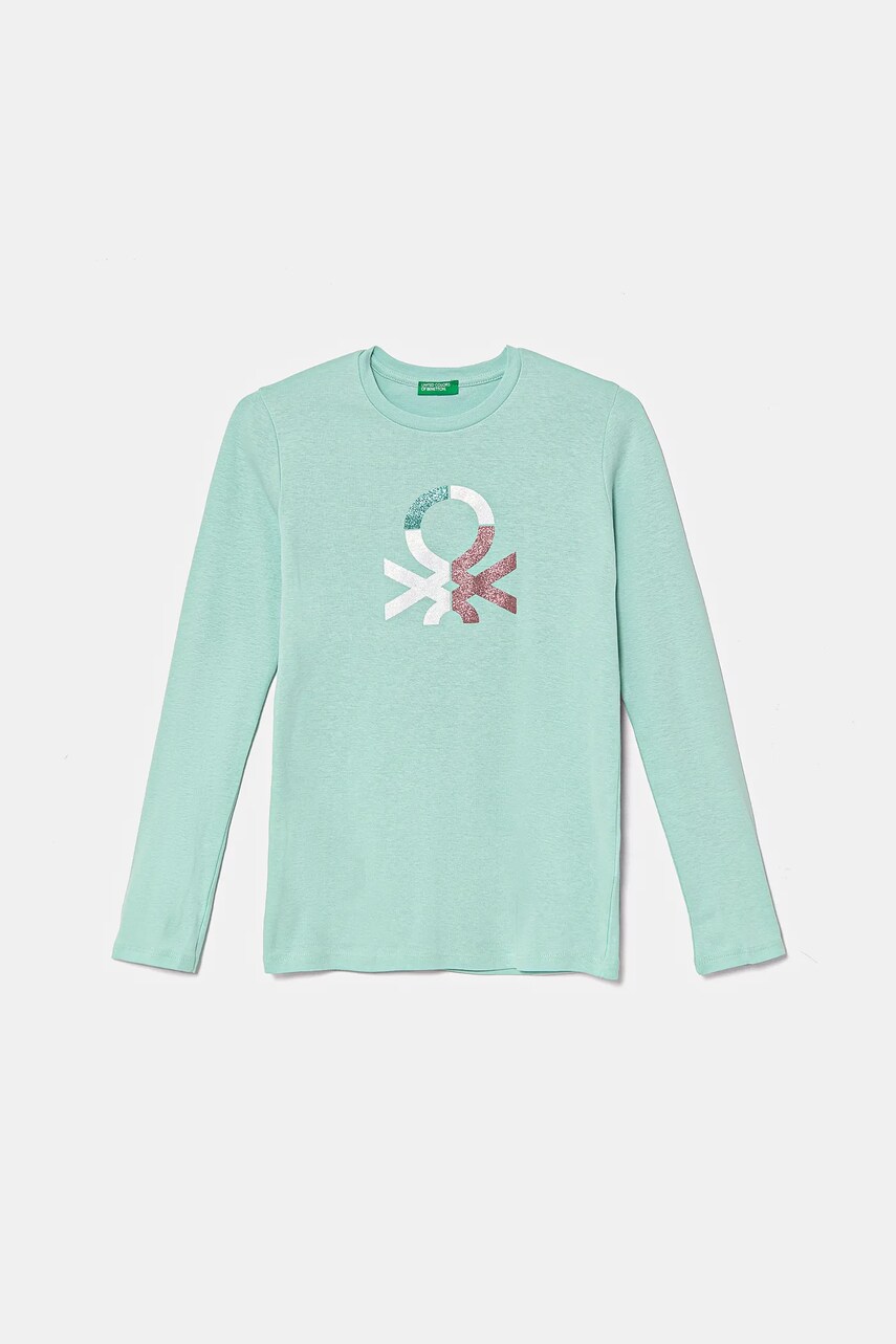 Levně Dětské bavlněné tričko s dlouhým rukávem United Colors of Benetton zelená barva, 3I9WC10MY