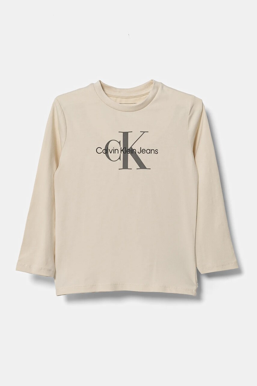 Levně Dětské tričko s dlouhým rukávem Calvin Klein Jeans béžová barva, IN0IN00005