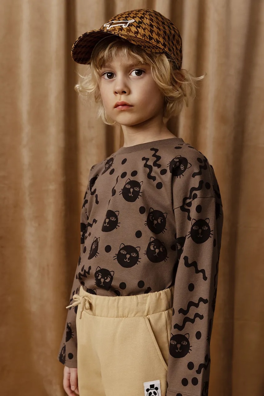 Mini Rodini longsleeve din bumbac pentru copii Squiggly cats culoarea maro, 2512011316