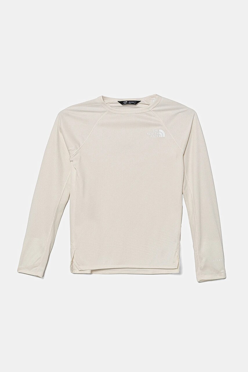 The North Face longsleeve copii TEEN SUNRISER L/S TEE culoarea bej, cu imprimeu, NF0A8AN6QLI1