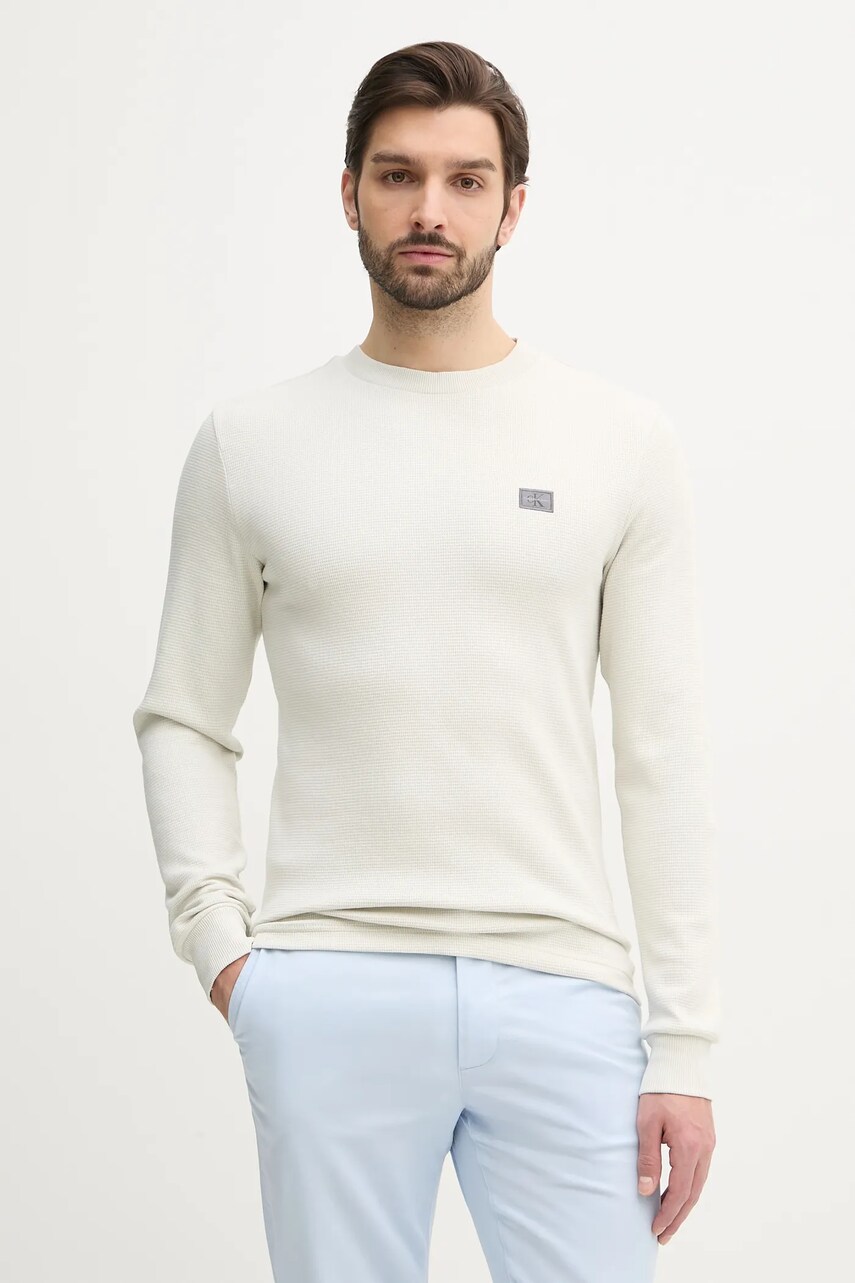 Levně Bavlněné tričko s dlouhým rukávem Calvin Klein Jeans béžová barva, J30J327117