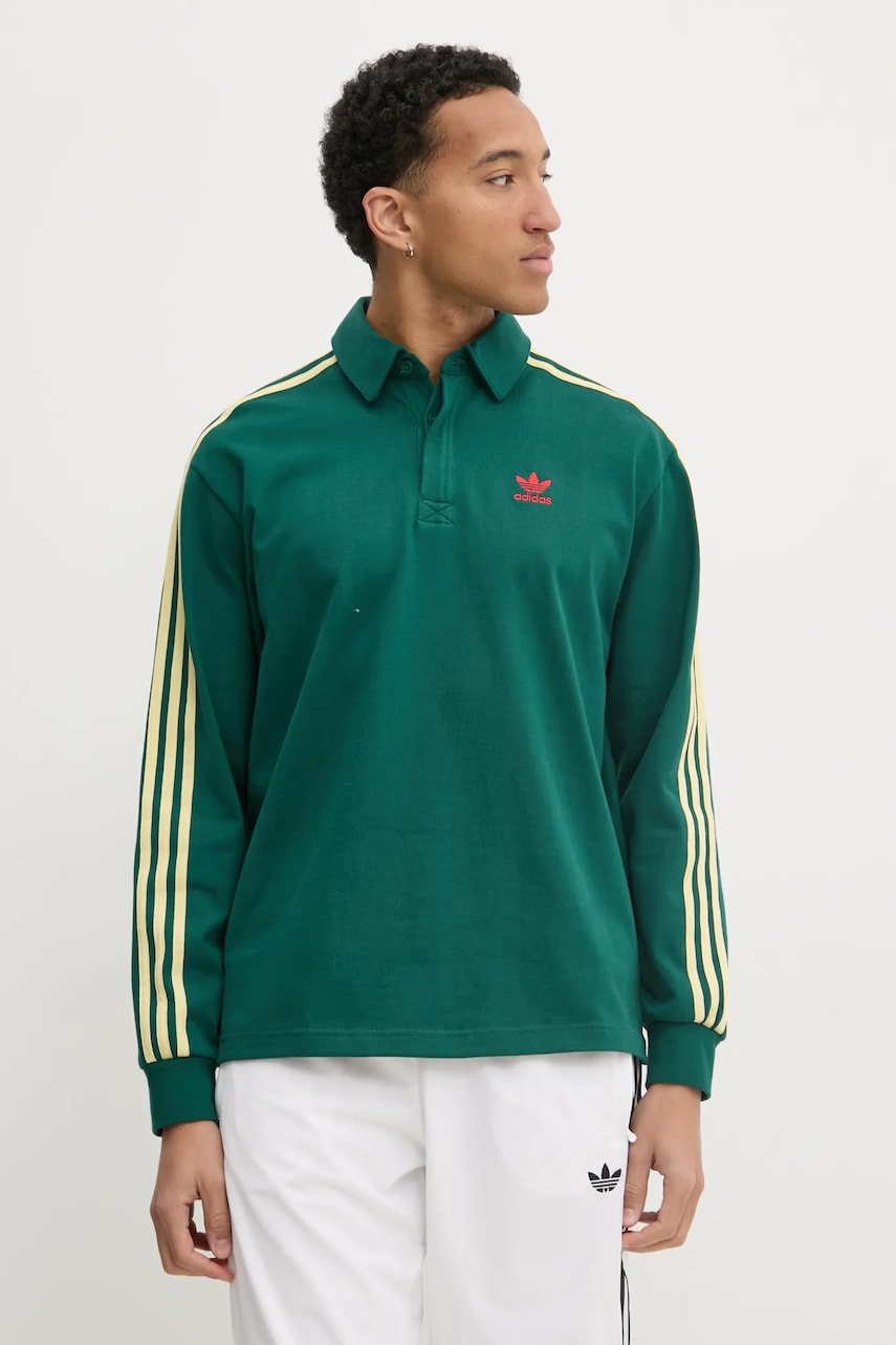 adidas Originals longsleeve din bumbac Rugby polo culoarea verde, cu imprimeu, JC9915