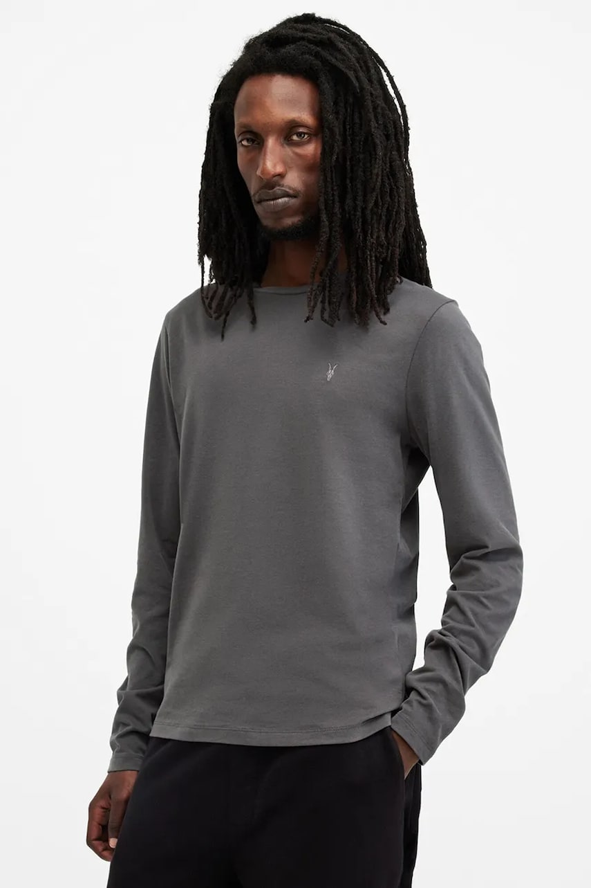 AllSaints longsleeve din bumbac BRACE culoarea gri, neted, M033JB AllSaints longsleeve din bumbac BRACE culoarea gri, neted, M033JB