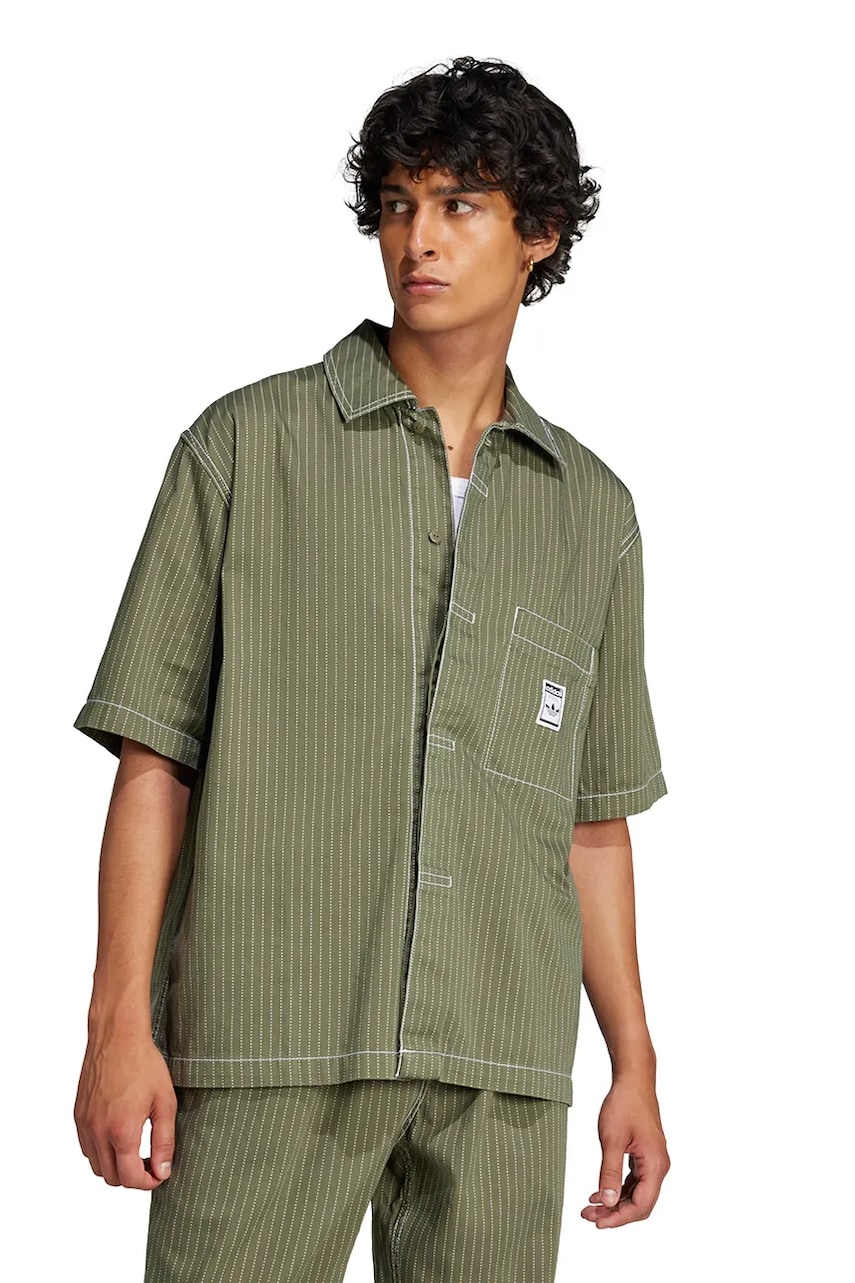 Levně Košile adidas Originals Wabash Long Sleeve pánská, zelená barva, relaxed, s klasickým límcem, JP4480