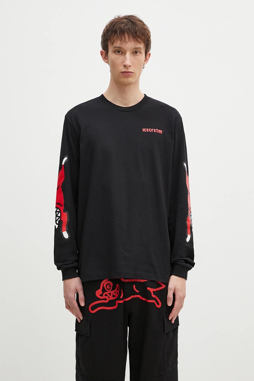 ICECREAM longsleeve din bumbac Running Dog Longsleeve culoarea negru, cu imprimeu, IC24486