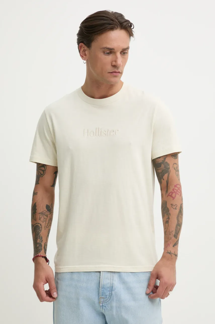 Hollister Co. tricou din bumbac barbati, culoarea bej, cu imprimeu, KI323-5134