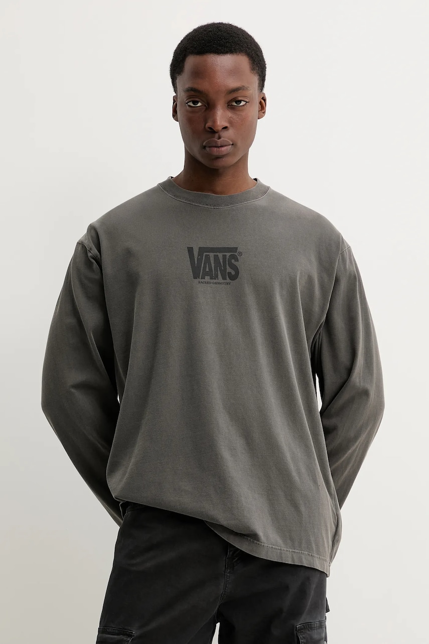 Vans longsleeve din bumbac culoarea gri, cu imprimeu, VN000M2ZBLK1