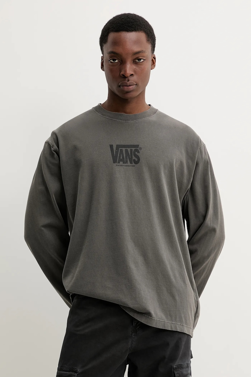 Vans longsleeve din bumbac culoarea gri, cu imprimeu, VN000M2ZBLK1
