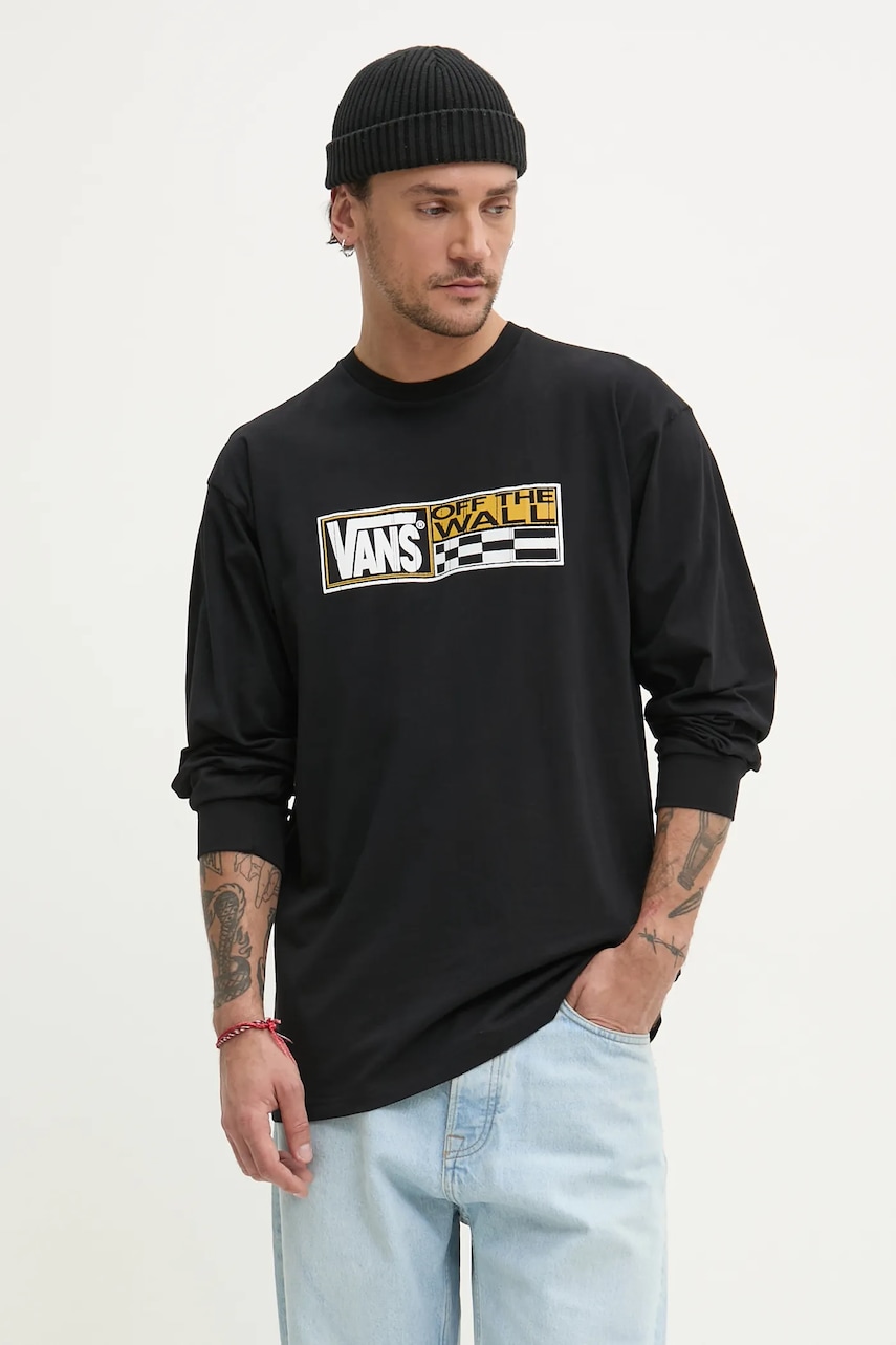 Vans longsleeve din bumbac culoarea negru, cu imprimeu, VN000M3ZBLK1 Vans longsleeve din bumbac culoarea negru, cu imprimeu, VN000M3ZBLK1