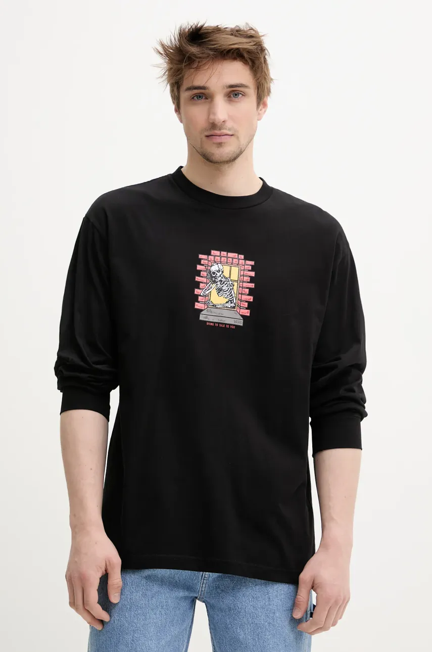 Vans longsleeve din bumbac culoarea negru, cu imprimeu, VN000M6WBLK1