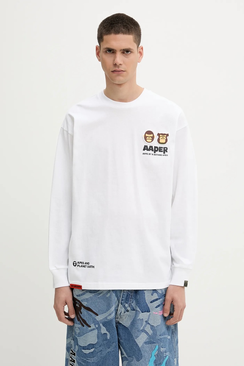 Bavlněné tričko s dlouhým rukávem AAPE Aaper Long bílá barva, s aplikací, AAPLTM1575XXN