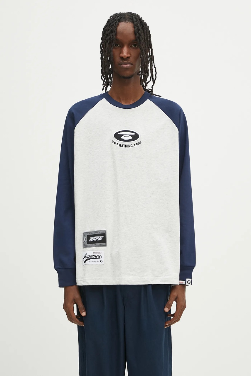 Bavlněné tričko s dlouhým rukávem AAPE Main Long šedá barva, AAPLTM1571XXN