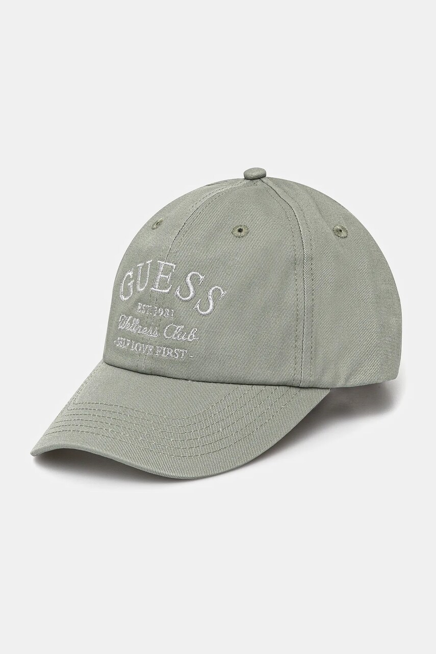 Levně Bavlněná baseballová čepice Guess LUREX zelená barva, s aplikací, V5RZ03 WFKN0