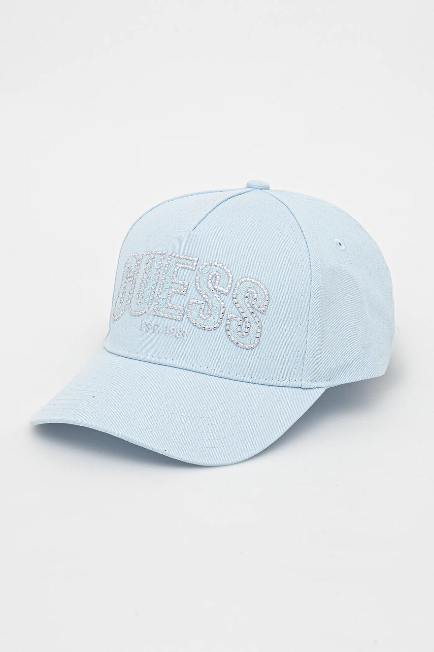 Levně Kšiltovka Guess INES dámská, modrá barva, hladká, W5GZ15 WEGD0