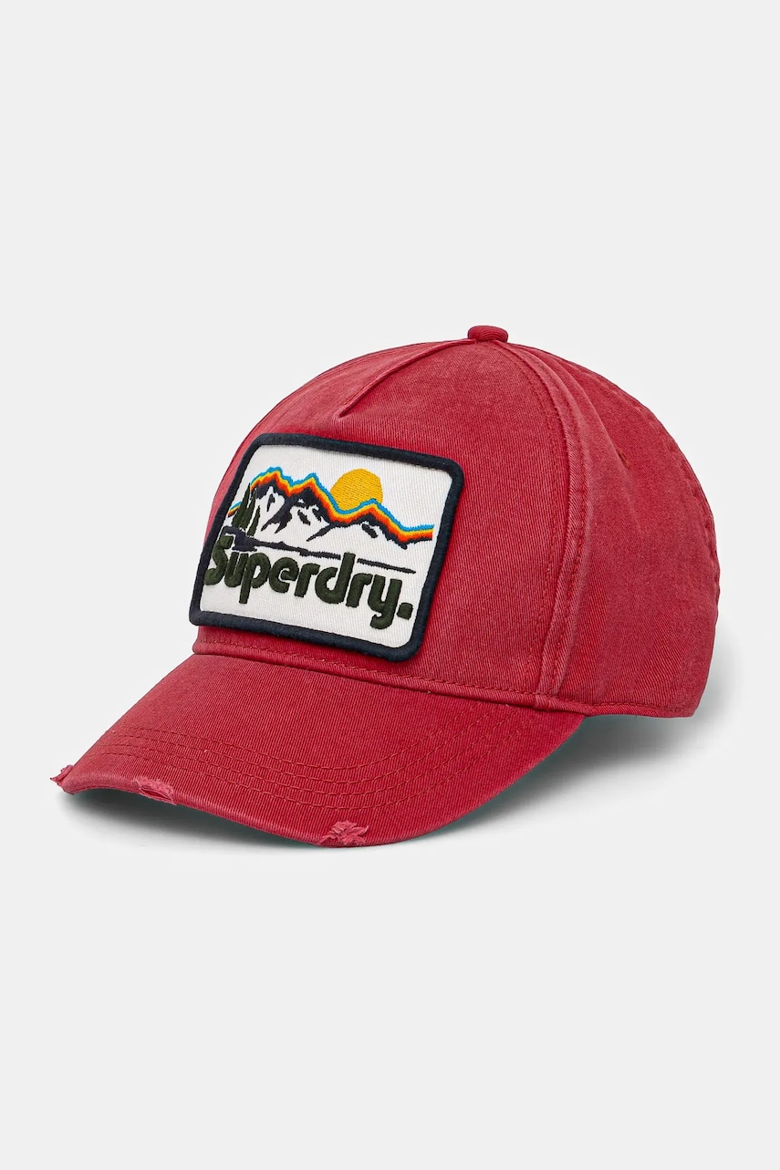 Superdry șapcă de baseball din denim culoarea rosu, cu imprimeu, W9010177A-C2G Superdry șapcă de baseball din denim culoarea rosu, cu imprimeu, W9010177A-C2G