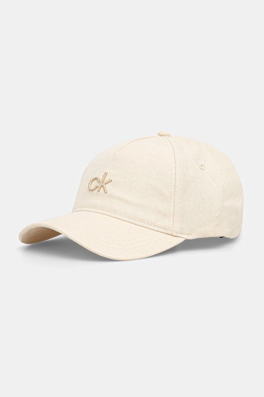 Levně Lněná kšiltovka Calvin Klein béžová barva, s aplikací, K60K613118