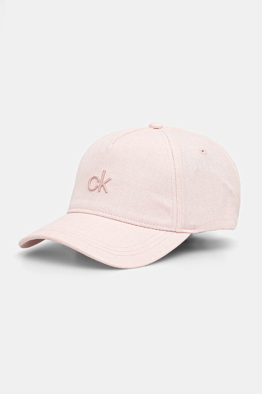 Levně Lněná kšiltovka Calvin Klein růžová barva, s aplikací, K60K613118