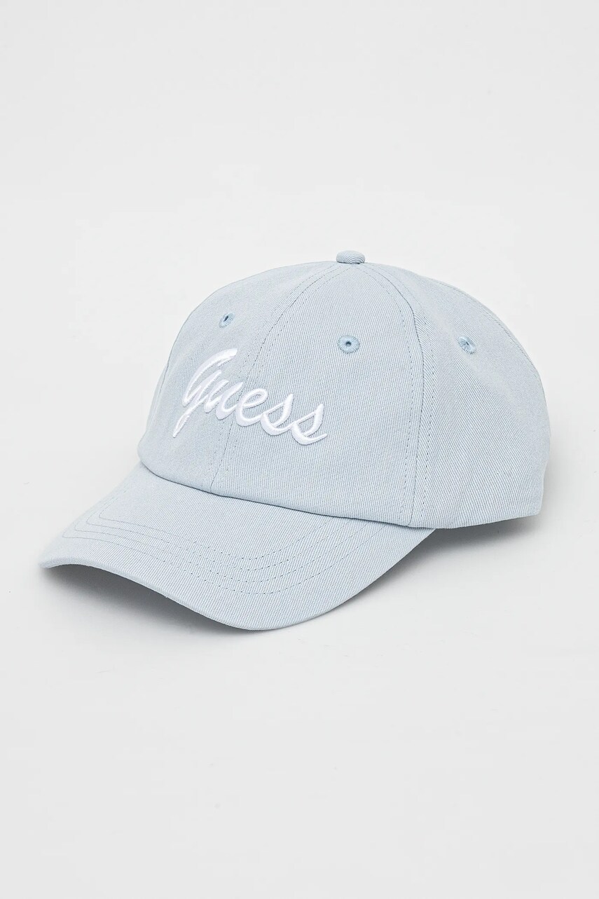 Levně Bavlněná baseballová čepice Guess modrá barva, s aplikací, V5GZ00 WFKN0