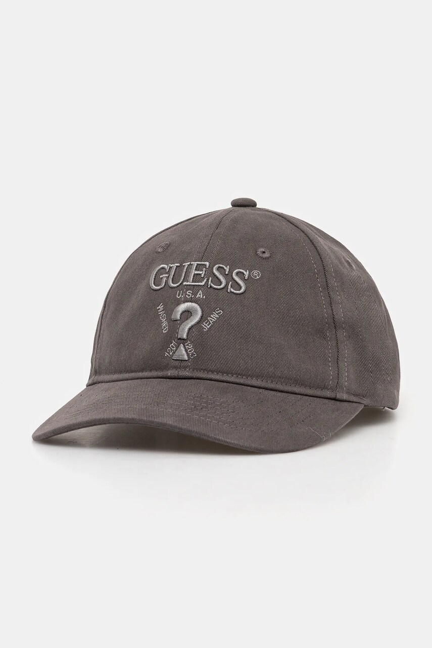 Levně Bavlněná baseballová čepice Guess EMBROIDERED šedá barva, s aplikací, M5RZ11 WO07T