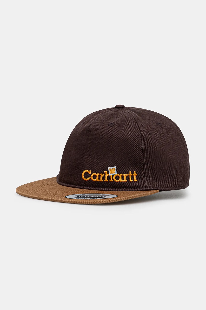 Bavlněná baseballová čepice Carhartt WIP Label Script Coach Cap hnědá barva, s aplikací, I034361.51XX