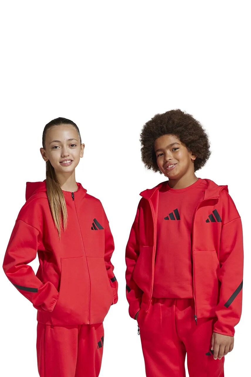 Levně Dětská mikina adidas červená barva, s kapucí, s potiskem, JC7580